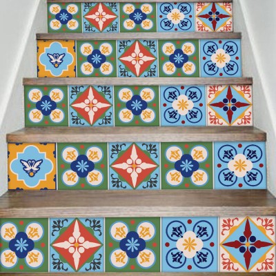 Πολύχρωμο μοτίβο Λισαβόνα, Σκάλα, Αυτοκόλλητα πλακάκια, 90 x 15 εκ. (50367)
