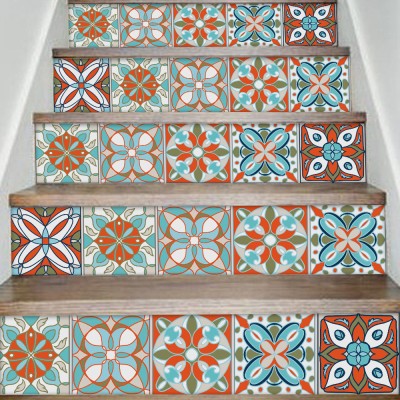 Houseart Μοτίβα σε γαλάζιο - πορτοκαλί αποχρώσεις, Σκάλα, Αυτοκόλλητα πλακάκια, 90 x 12 εκ.
