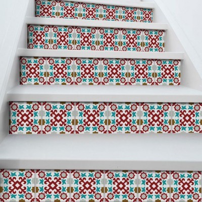 Πορτογαλικό azulejos μοτίβο κόκκινο & γαλάζιο, Σκάλα, Αυτοκόλλητα πλακάκια, 90 x 15 εκ. (50479)