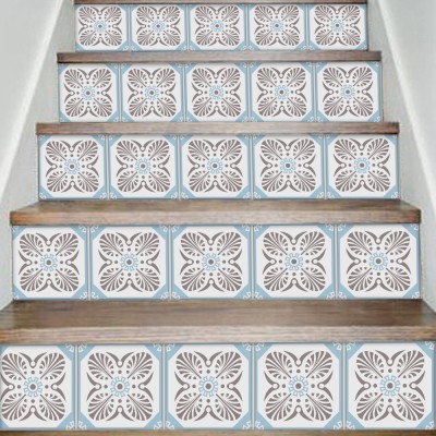 Floral μοτίβο γαλάζιο-γκρι, Σκάλα, Αυτοκόλλητα πλακάκια, 90 x 12 εκ.