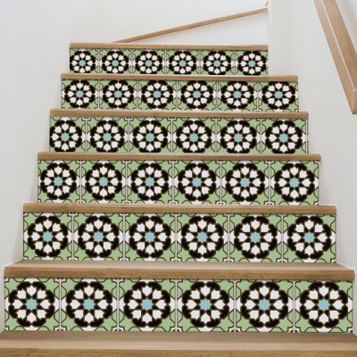 Ιταλικό Μοτίβο ανοιχτό πράσινο-γαλάζιο-μαύρο, Σκάλα, Αυτοκόλλητα πλακάκια, 90 x 15 εκ. (50635)