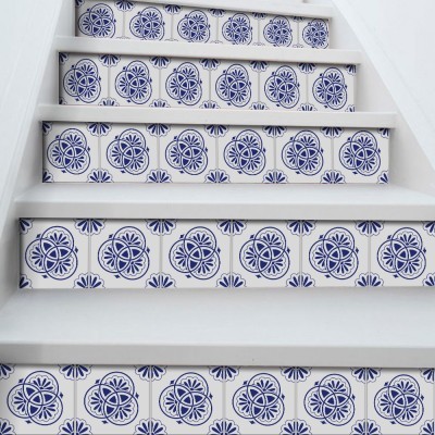 Floral σχέδιο κυκλικό μπλε-άσπρο, Σκάλα, Αυτοκόλλητα πλακάκια, 90 x 15 εκ. (50628)