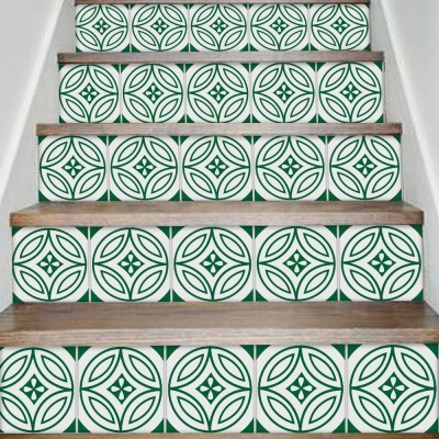 Σχέδιο κυκλικό άσπρο-πράσινο, Σκάλα, Αυτοκόλλητα πλακάκια, 90 x 15 εκ. (50621)