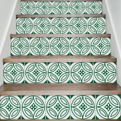 Houseart Σχέδιο κυκλικό άσπρο-πράσινο, Σκάλα, Αυτοκόλλητα πλακάκια, 90 x 12 εκ.