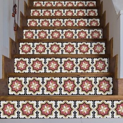 Floral Μοτίβο ανοιχτό κόκκινο & χρυσό, Σκάλα, Αυτοκόλλητα πλακάκια, 90 x 15 εκ. (50618)
