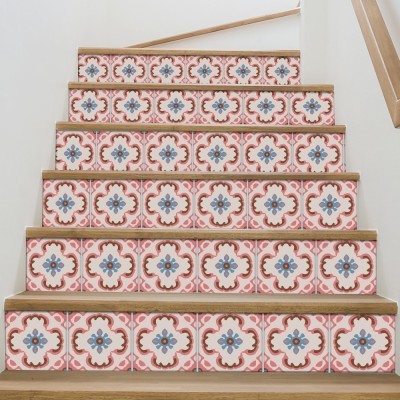 Ιταλικό μοτίβο ροζ-γαλάζιο-καφέ, Σκάλα, Αυτοκόλλητα πλακάκια, 90 x 15 εκ. (50616)