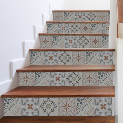 Houseart Ρετρό μοτίβο γήινα χρώματα, Σκάλα, Αυτοκόλλητα πλακάκια, 90 x 12 εκ.