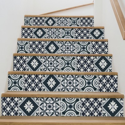 Houseart - ΣΗΜΑΝΤΙΚΟ: Σε περίπτωση διαφοράς τιμής από το κατάστημα ισχύει παντα και μόνο η τιμή του καταστήματος Γεωμετρικό σχέδιο μπλε σκούρο-άσπρο, Σκάλα, Αυτοκόλλητα