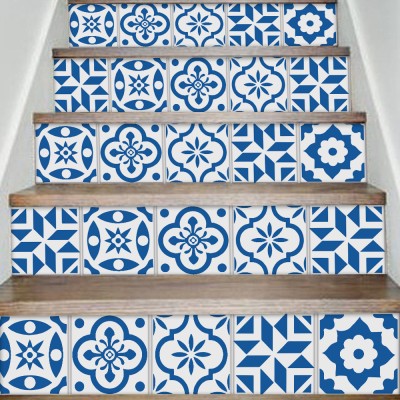 Houseart - ΣΗΜΑΝΤΙΚΟ: Σε περίπτωση διαφοράς τιμής από το κατάστημα ισχύει παντα και μόνο η τιμή του καταστήματος Μοντέρνο Μοτίβο μπλε-άσπρο, Σκάλα, Αυτοκόλλητα πλακάκια