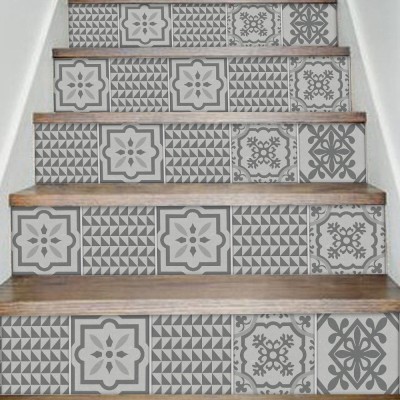 Vintage μοτίβο σε γκρι αποχρώσεις, Σκάλα, Αυτοκόλλητα πλακάκια, 90 x 12 εκ.