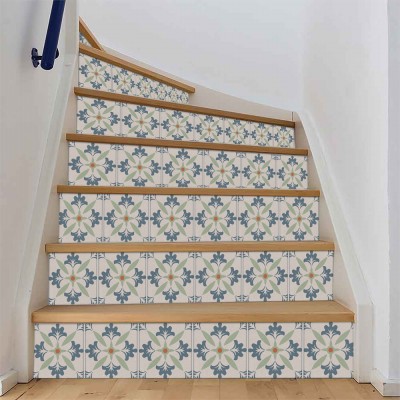 Ρετρό Μοτίβο σκούρο μπλε-ανοιχτό πράσινο, Σκάλα, Αυτοκόλλητα πλακάκια, 90 x 12 εκ.
