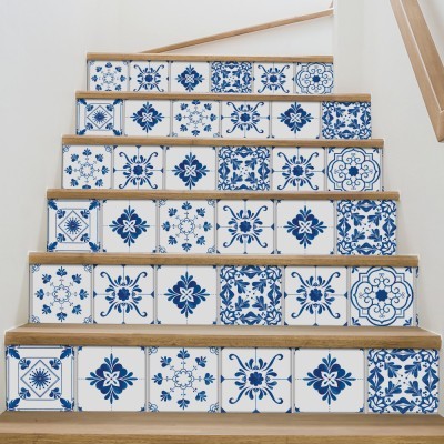 Houseart - ΣΗΜΑΝΤΙΚΟ: Σε περίπτωση διαφοράς τιμής από το κατάστημα ισχύει παντα και μόνο η τιμή του καταστήματος Vintage μπλε μοτίβα, Σκάλα, Αυτοκόλλητα πλακάκια, 90 x