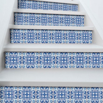 Πορτογαλικό ισπανικό μοτίβο ανοιχτό μπλε, Σκάλα, Αυτοκόλλητα πλακάκια, 90 x 15 εκ. (50354)