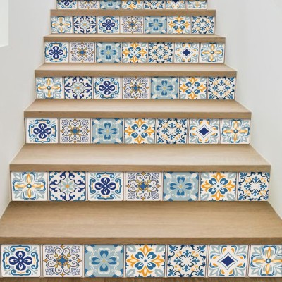 Houseart Vintage μοτίβα μπλε-κίτρινο, Σκάλα, Αυτοκόλλητα πλακάκια, 90 x 12 εκ.