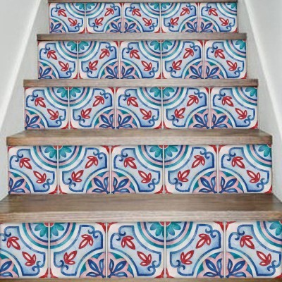 Πορτογαλικό floral azulejos μοτίβο, Σκάλα, Αυτοκόλλητα πλακάκια, 90 x 15 εκ. (50337)