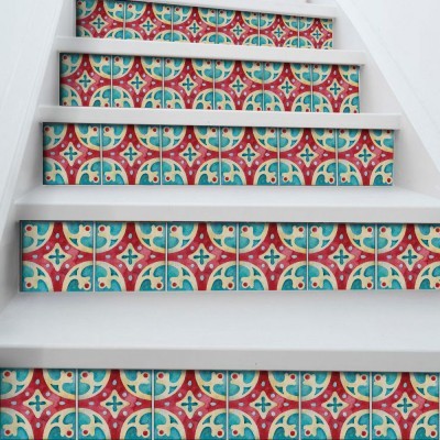 Πορτογαλικό azulejos μοτίβο κόκκινο & ανοιχτό γαλάζιο, Σκάλα, Αυτοκόλλητα πλακάκια, 90 x 15 εκ. (50336)