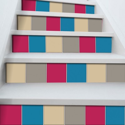 Concrate grey - Antique white - Sky blue - Cyclamen, Σκάλα, Αυτοκόλλητα πλακάκια, 90 x 12 εκ.