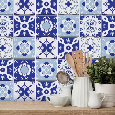 Μεσογειακό Σχέδιο μπλε-γαλάζιο, Ταπετσαρία, Αυτοκόλλητα πλακάκια, 100 x 100 εκ. (50468)