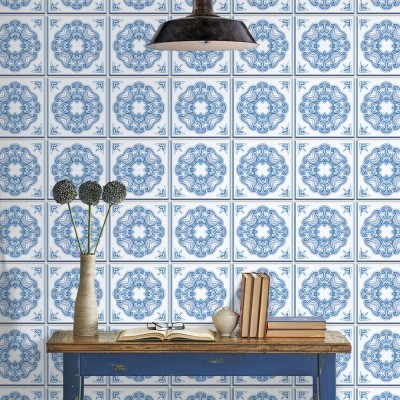 Abstract azulejo μοτίβο γαλάζιο μοτίβο, Ταπετσαρία, Αυτοκόλλητα πλακάκια, 100 x 100 εκ. (50870)