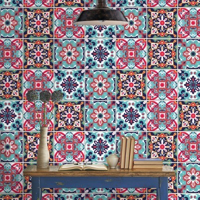 Houseart Πολύχρωμο contrast retro μοτίβο, Ταπετσαρία, Αυτοκόλλητα πλακάκια, 100 x 100 εκ.