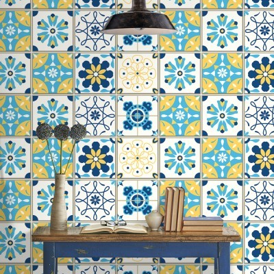 Blue and yellow pattern, Ταπετσαρία, Αυτοκόλλητα πλακάκια, 100 x 100 εκ.
