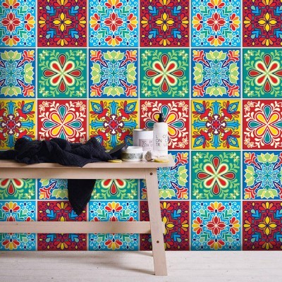 Houseart Πολύχρωμο ανατολικό μοτίβο, Ταπετσαρία, Αυτοκόλλητα πλακάκια, 100 x 100 εκ.