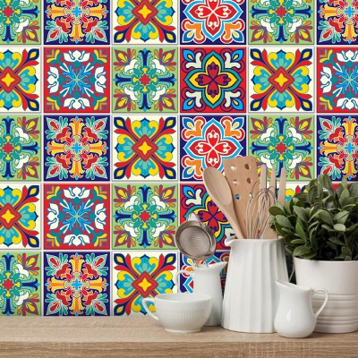 Πολύχρωμο ιταλικό floral μοτίβο, Ταπετσαρία, Αυτοκόλλητα πλακάκια, 100 x 100 εκ. (50818)