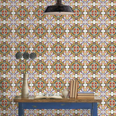 Πολύχρωμο συμμετρικό μοτίβο, Ταπετσαρία, Αυτοκόλλητα πλακάκια, 100 x 100 εκ. (50812)