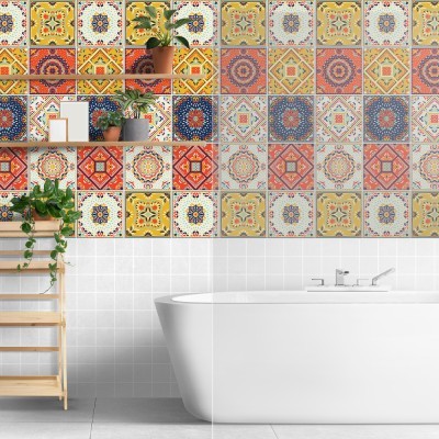 Πολύχρωμο παραδοσιακό μωσαϊκό μοτίβο, Ταπετσαρία, Αυτοκόλλητα πλακάκια, 100 x 100 εκ.