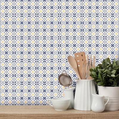 Floral μοτίβο μπλε-κίτρινο, Ταπετσαρία, Αυτοκόλλητα πλακάκια, 100 x 100 εκ. (50806)