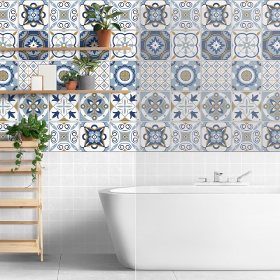 Πορτογαλικό azulejos μοτίβο μπλε, Ταπετσαρία, Αυτοκόλλητα πλακάκια, 100 x 100 εκ. (50805)