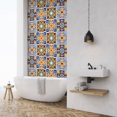 Houseart Μοτίβα σε μπλε - κίτρινο αποχρώσεις, Ταπετσαρία, Αυτοκόλλητα πλακάκια, 100 x 100 εκ.