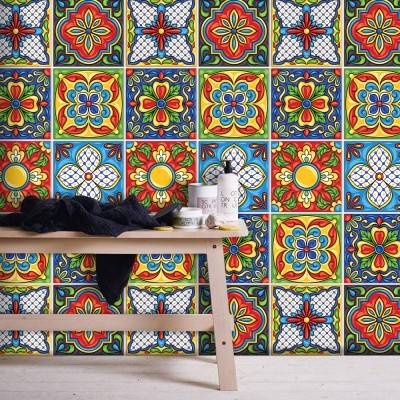 Ανατολικό πολύχρωμο μοτίβο, Ταπετσαρία, Αυτοκόλλητα πλακάκια, 100 x 100 εκ. (50794)