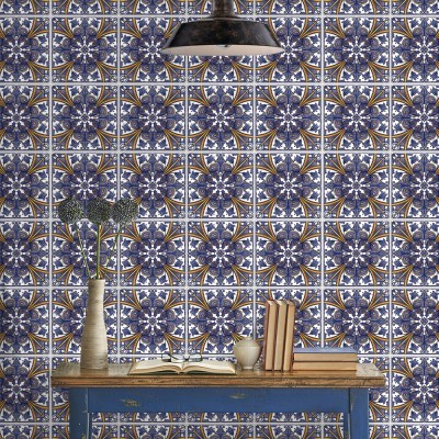 Houseart Ινδικό μπλε μοτίβο, Ταπετσαρία, Αυτοκόλλητα πλακάκια, 100 x 100 εκ.