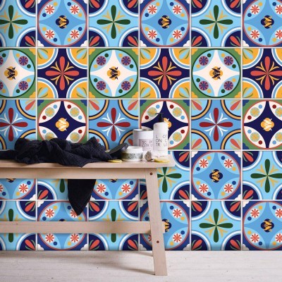 Vintage azulejos μοτίβο, Ταπετσαρία, Αυτοκόλλητα πλακάκια, 100 x 100 εκ. (50788)