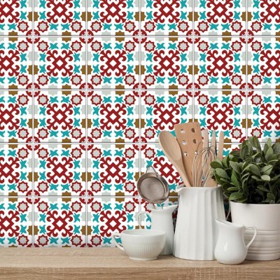 Πορτογαλικό azulejos μοτίβο κόκκινο & γαλάζιο, Ταπετσαρία, Αυτοκόλλητα πλακάκια, 100 x 100 εκ. (50747)
