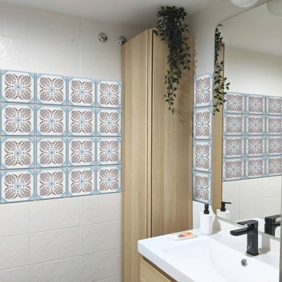 Floral μοτίβο γαλάζιο-γκρι, Ταπετσαρία, Αυτοκόλλητα πλακάκια, 100 x 100 εκ. (50745)