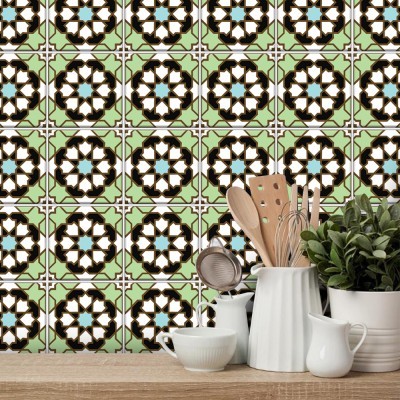 Ιταλικό Μοτίβο ανοιχτό πράσινο-γαλάζιο-μαύρο, Ταπετσαρία, Αυτοκόλλητα πλακάκια, 100 x 100 εκ.