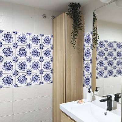 Floral σχέδιο κυκλικό μπλε-άσπρο, Ταπετσαρία, Αυτοκόλλητα πλακάκια, 100 x 100 εκ. (50741)