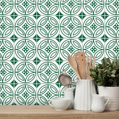 Σχέδιο κυκλικό άσπρο-πράσινο, Ταπετσαρία, Αυτοκόλλητα πλακάκια, 100 x 100 εκ. (50740)