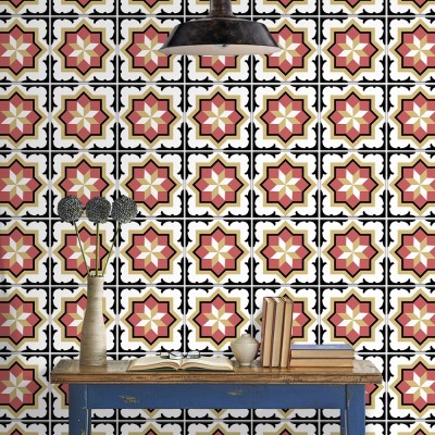 Floral Μοτίβο ανοιχτό κόκκινο & χρυσό, Ταπετσαρία, Αυτοκόλλητα πλακάκια, 100 x 100 εκ.