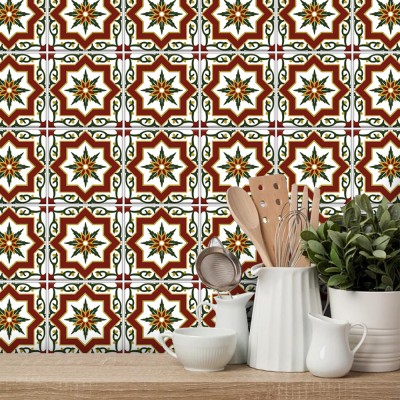 Houseart Floral Μοτίβο κόκκινο-πράσινο-χρυσό, Ταπετσαρία, Αυτοκόλλητα πλακάκια, 100 x 100 εκ.