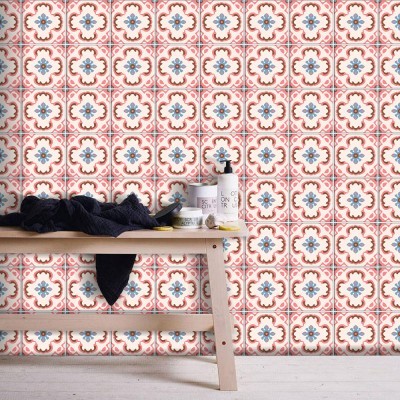 Ιταλικό μοτίβο ροζ-γαλάζιο-καφέ, Ταπετσαρία, Αυτοκόλλητα πλακάκια, 100 x 100 εκ. (50735)