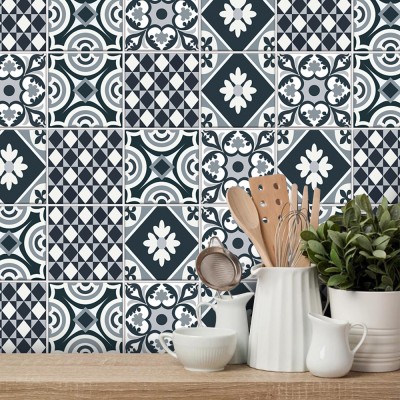 Houseart Γεωμετρικό σχέδιο μπλε σκούρο-άσπρο, Ταπετσαρία, Αυτοκόλλητα πλακάκια, 100 x 100 εκ.
