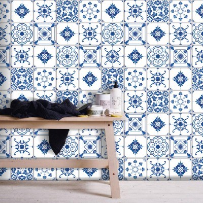 Vintage μπλε μοτίβα, Ταπετσαρία, Αυτοκόλλητα πλακάκια, 100 x 100 εκ.