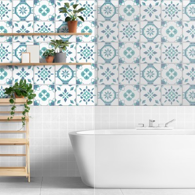 Μοτίβο σε βεραμάν & γαλάζιο, Ταπετσαρία, Αυτοκόλλητα πλακάκια, 100 x 100 εκ.