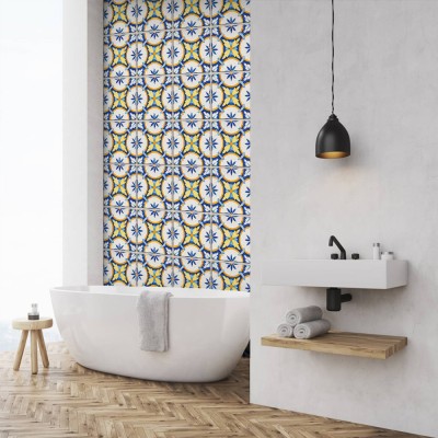 Μοτίβο σε μπλε & κίτρινο, Ταπετσαρία, Αυτοκόλλητα πλακάκια, 100 x 100 εκ. (50318)
