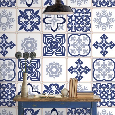 Πορτογαλικό azulejos μοτίβο, Ταπετσαρία, Αυτοκόλλητα πλακάκια, 100 x 100 εκ. (50313)
