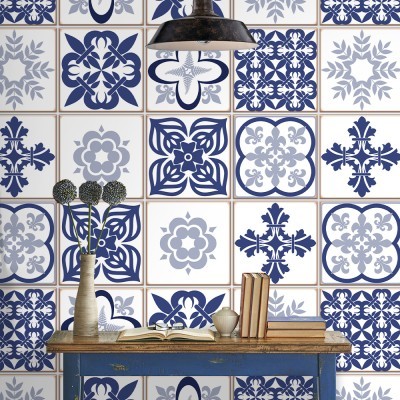 Houseart Πορτογαλικό azulejos μοτίβο, Ταπετσαρία, Αυτοκόλλητα πλακάκια, 100 x 100 εκ.