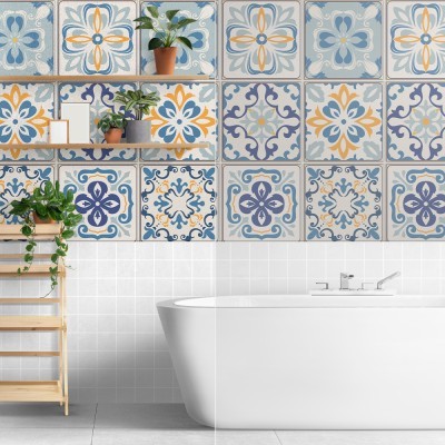 Houseart Vintage μοτίβα μπλε-κίτρινο, Ταπετσαρία, Αυτοκόλλητα πλακάκια, 100 x 100 εκ.